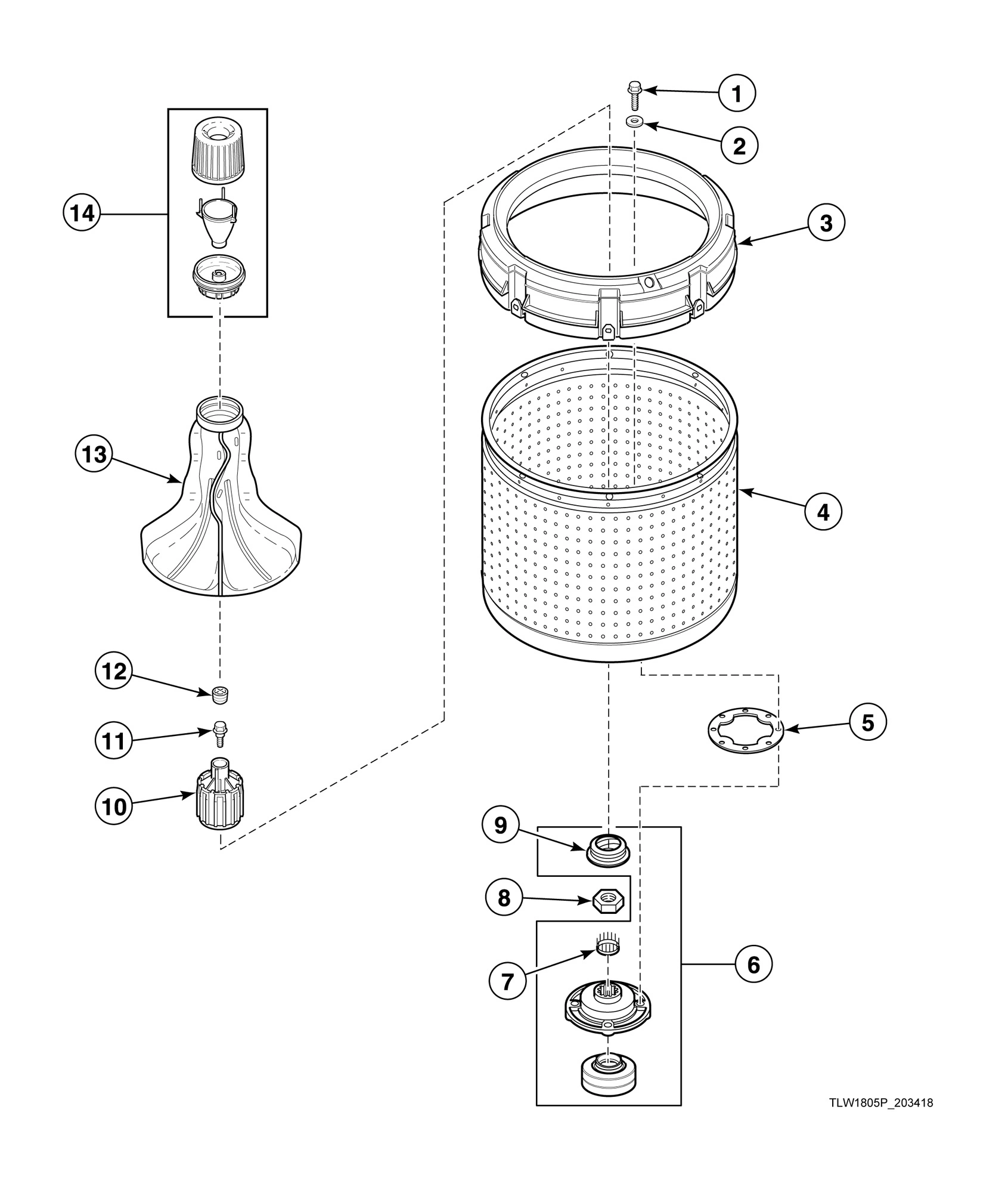 Agitator, Fabric Softener Dispenser, Drive Bell, Hub and Lip Seal Kit and Washtub