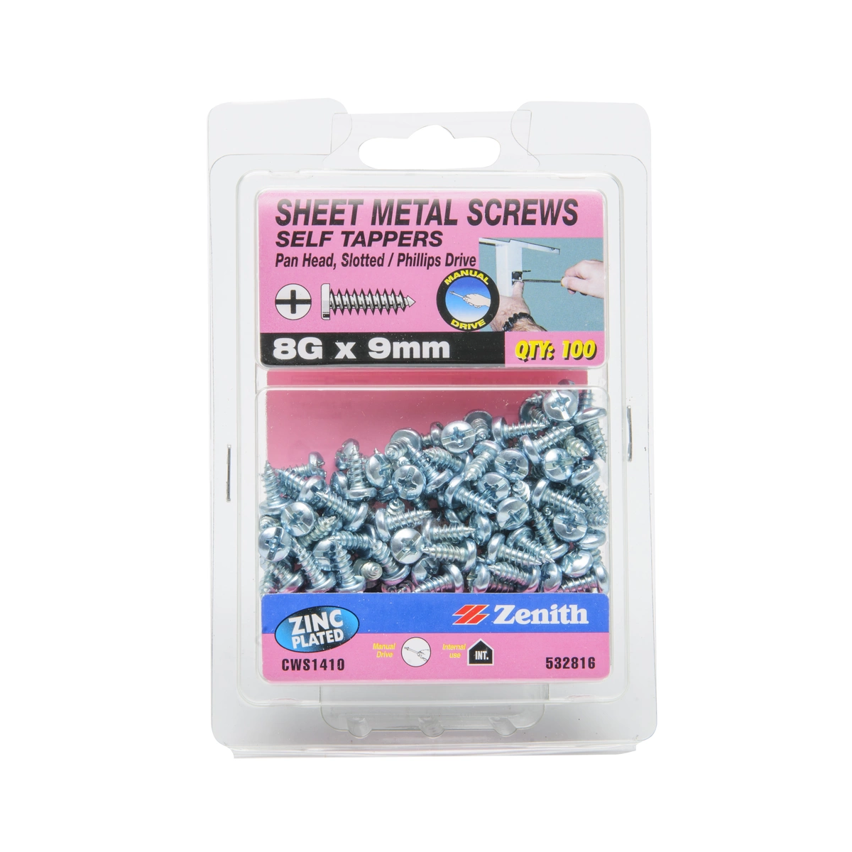 ZENITH® 8G x 9mm Zinc Plated Sheet Metal Screws – 100 Pack