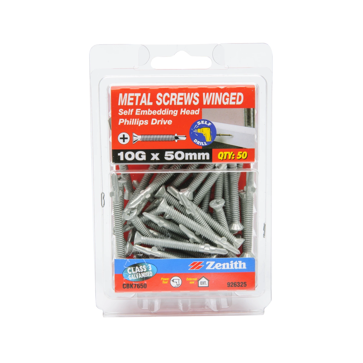 ZENITH® 10G x 50mm Class 3 Galvanised Metal Screws (Winged Drill Point) – 50 Pack