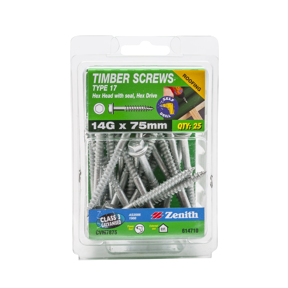 ZENITH® 14G x 75mm Class 3 Galvanised Cladding & Roofing Screws with Seal – 25 Pack