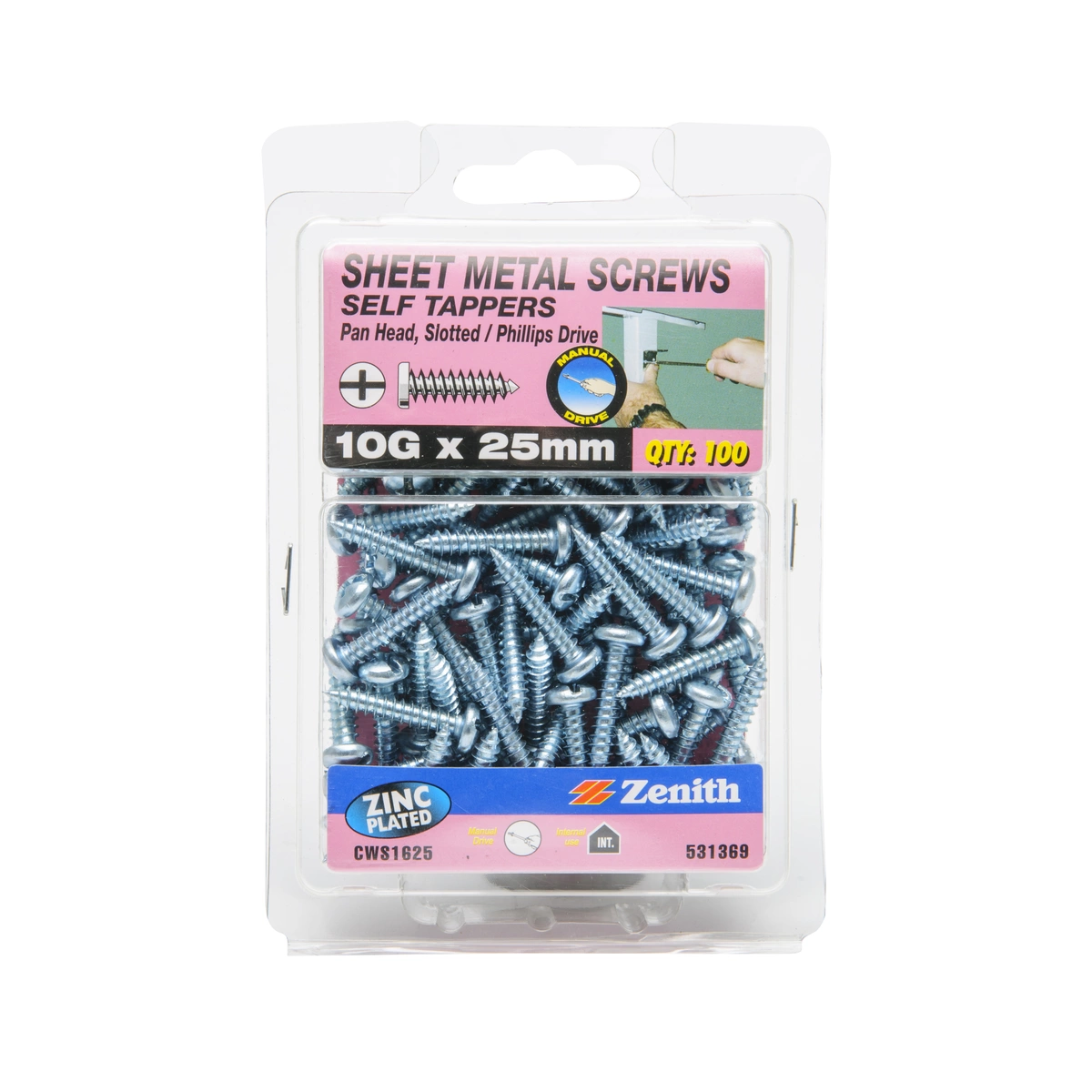 ZENITH® 10G x 25mm Zinc Plated Sheet Metal Screws – 100 Pack