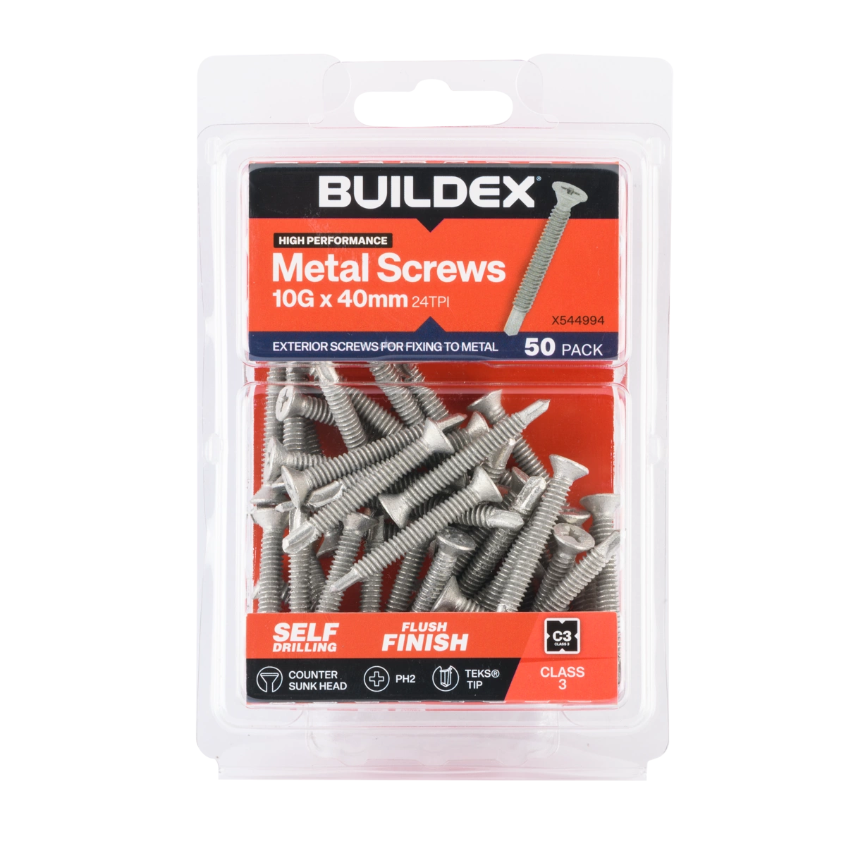 Buildex® 10G x 40mm Class 3 Sheet Metal Screws (Countersunk Head) – 50 Pack