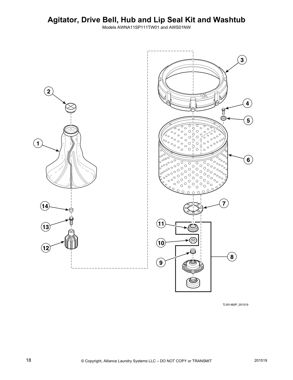 Agitator, Drive Bell, Hub and Lip Seal Kit and Washtub