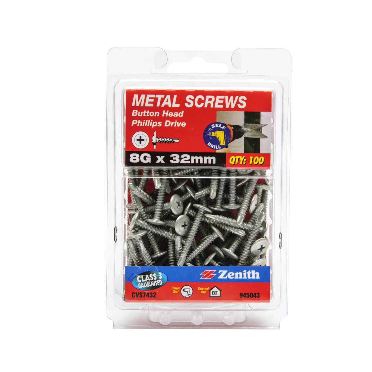 ZENITH® 8G x 32mm Class 3 Galvanised Metal Screws – 100 Pack