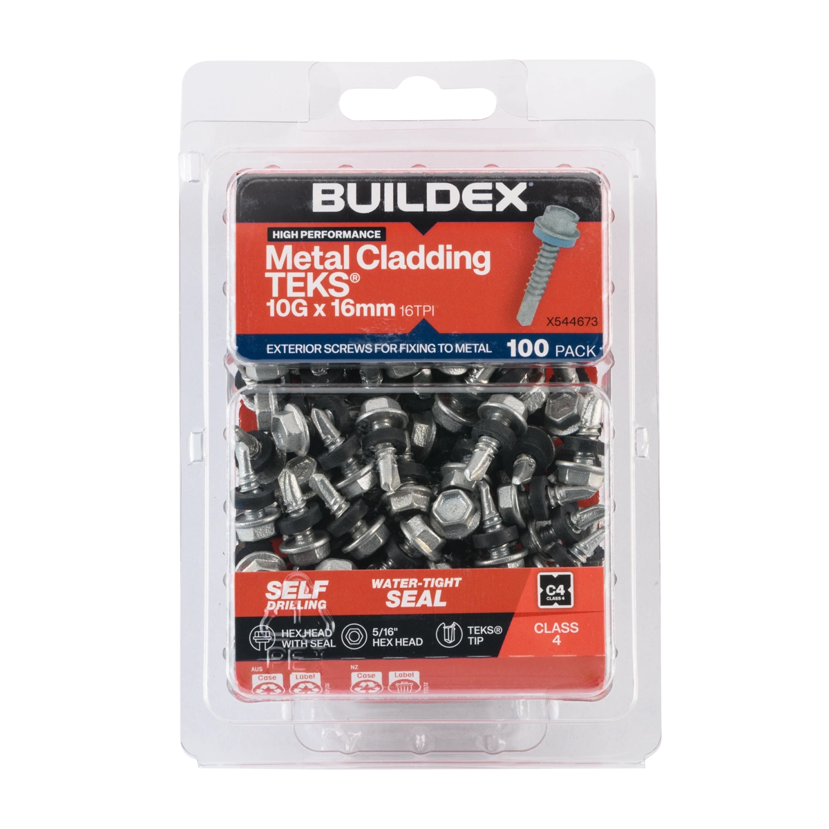 Buildex® 10G x 16mm Class 4 Metal Cladding TEKS® Screws with Seal – 100 Pack
