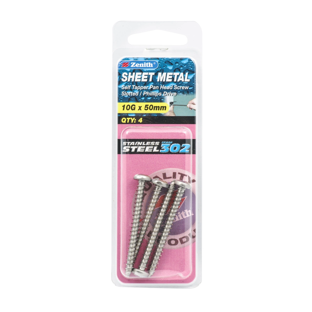 ZENITH® 10G x 50mm 304 Stainless Steel Sheet Metal Screws – 4 Pack