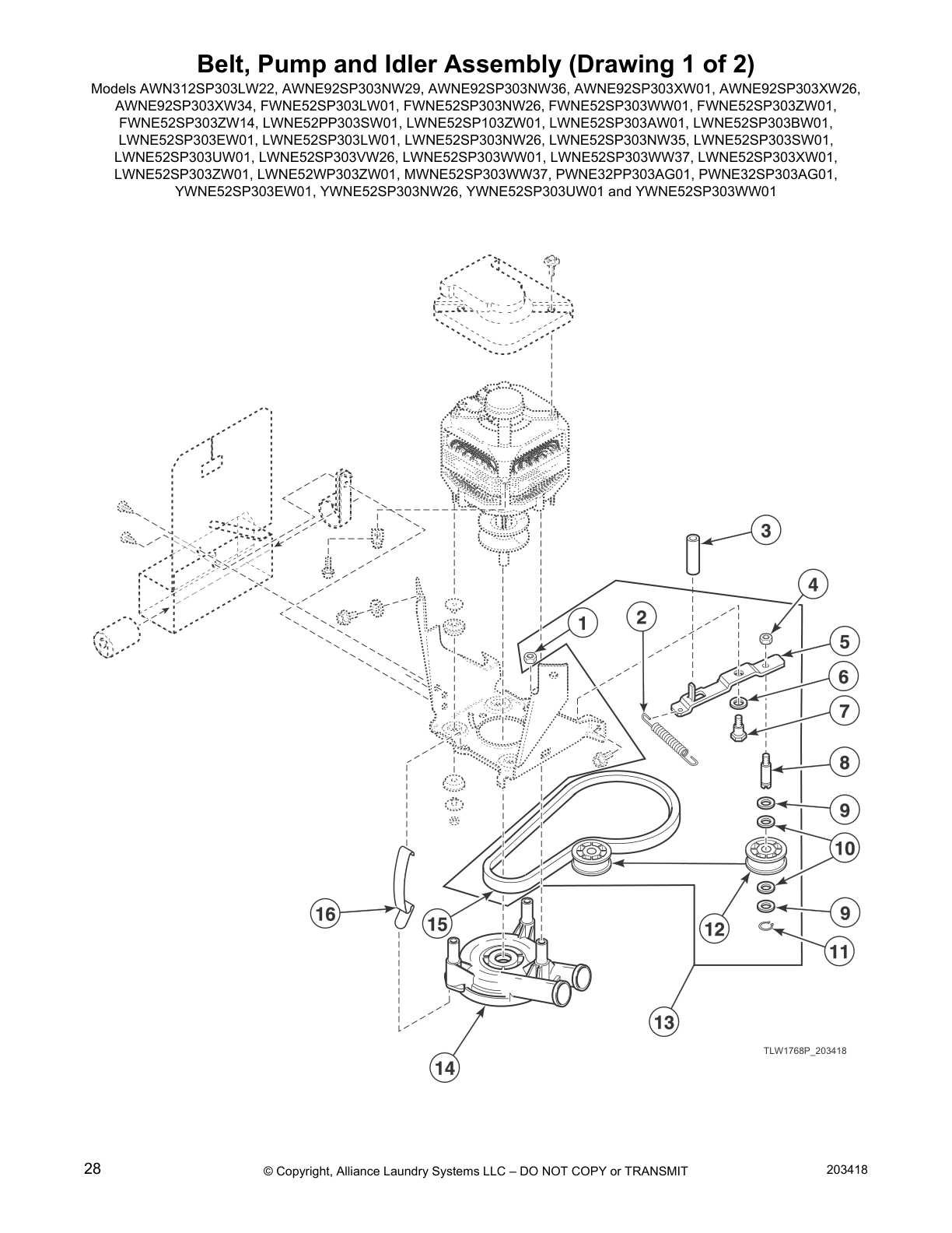Belt, Pump and Idler Assembly (Drawing 1 of 2)