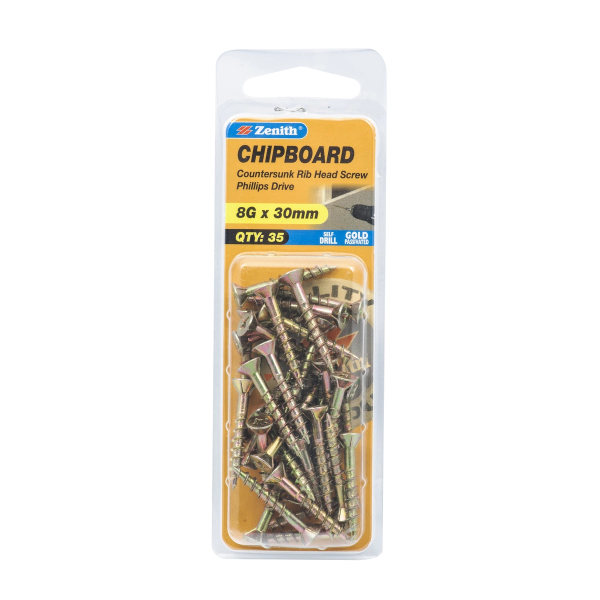 ZENITH® 8G x 30mm Gold Passivated Chipboard Screws – 35 Pack