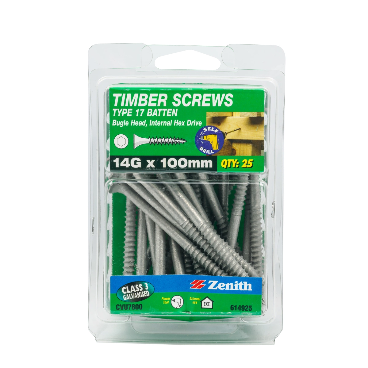 ZENITH® 14G x 100mm Class 3 Galvanised Bugle Batten Screws – 25 Pack