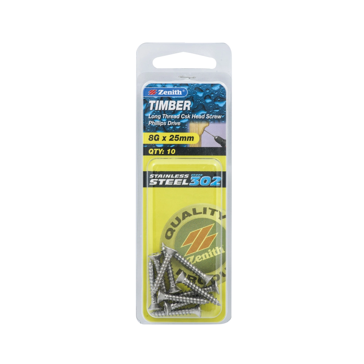 ZENITH® 8G x 25mm 304 Stainless Steel Timber Screws – 10 Pack