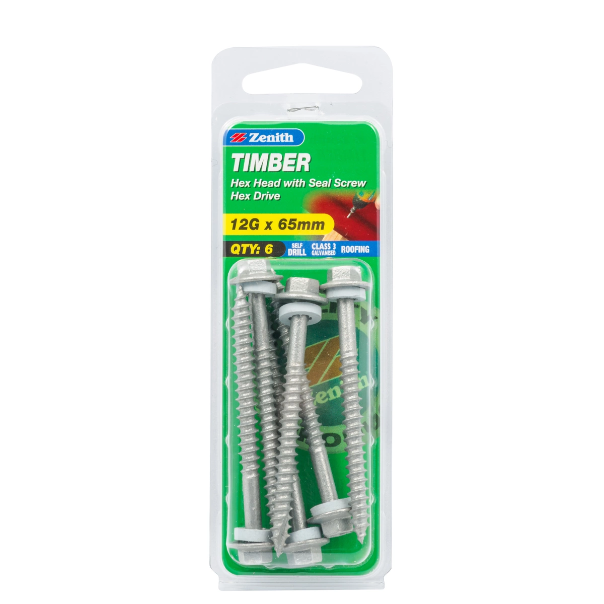 ZENITH® 12G x 65mm Class 3 Galvanised Cladding & Roofing Screws with Seal – 6 Pack