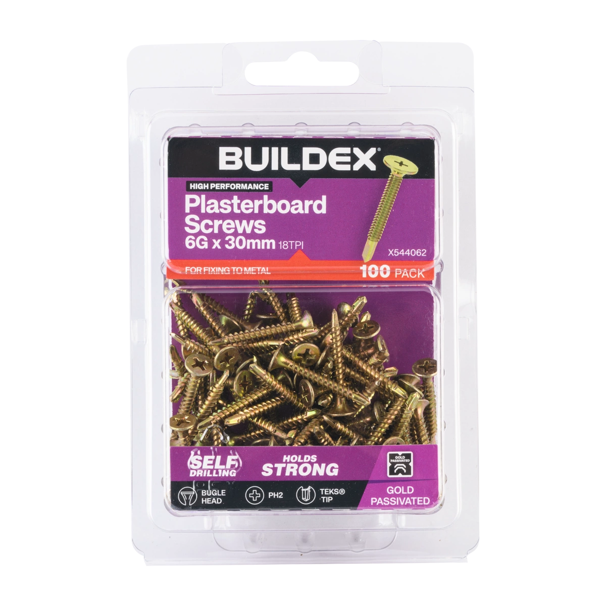 Buildex® 6G x 30mm Gold Passivated Plasterboard Screws (TEKS® Tip) – 100 Pack