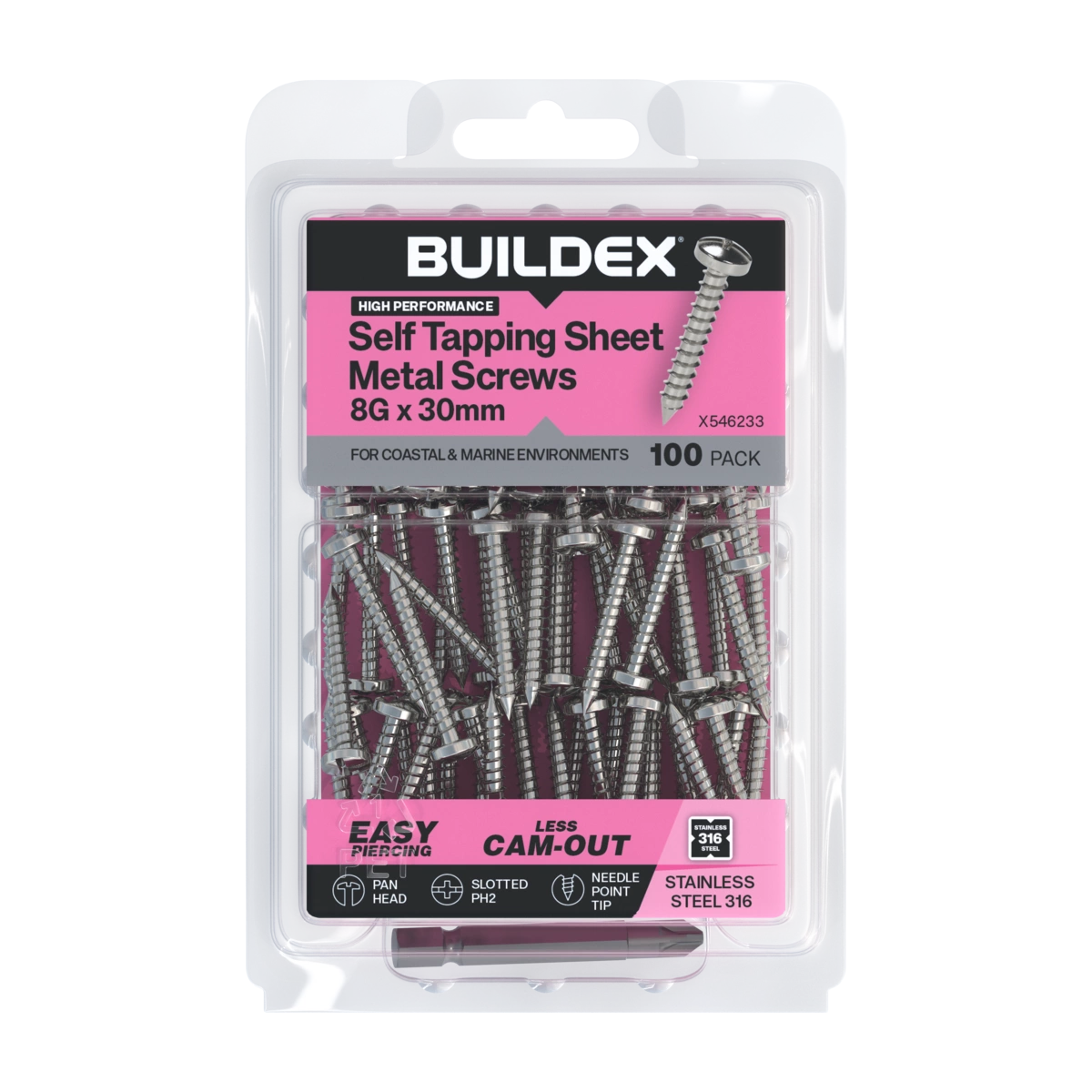 Buildex® 8G x 30mm SS316 Self Tapping Sheet Metal Screws – 100 Pack