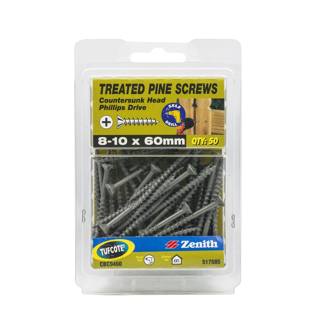 ZENITH® 8G x 60mm TUFCOTE® Treated Pine Screws (Phillips Drive) – 50 Pack
