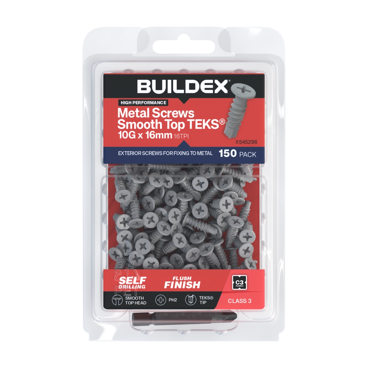 Buildex® 10G x 16mm Class 3 Galvanised Smooth Top TEKS® Screws – 150 Pack