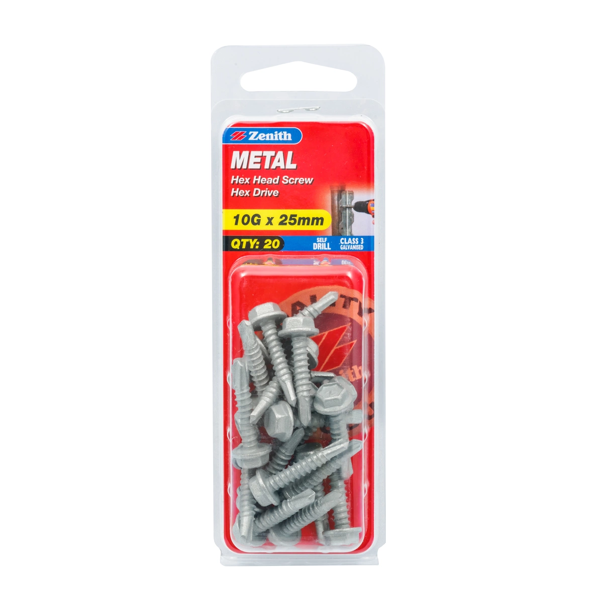 ZENITH® 10G x 25mm Class 3 Galvanised Metal Screws – 20 Pack