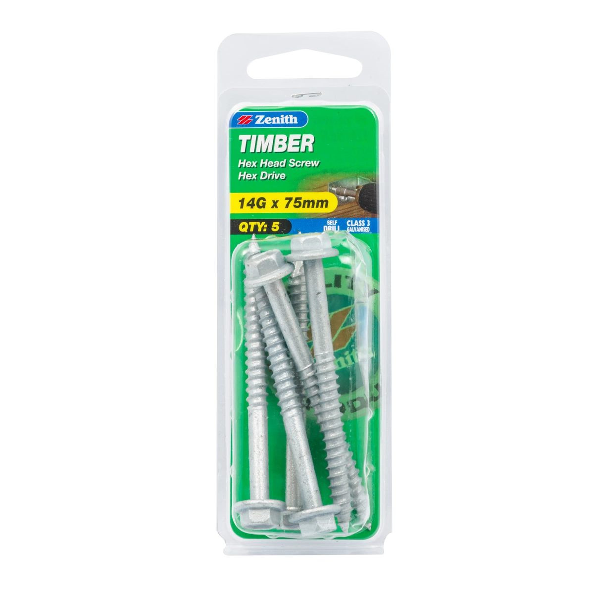 ZENITH® 14G x 75mm Class 3 Galvanised Timber Screws – 5 Pack
