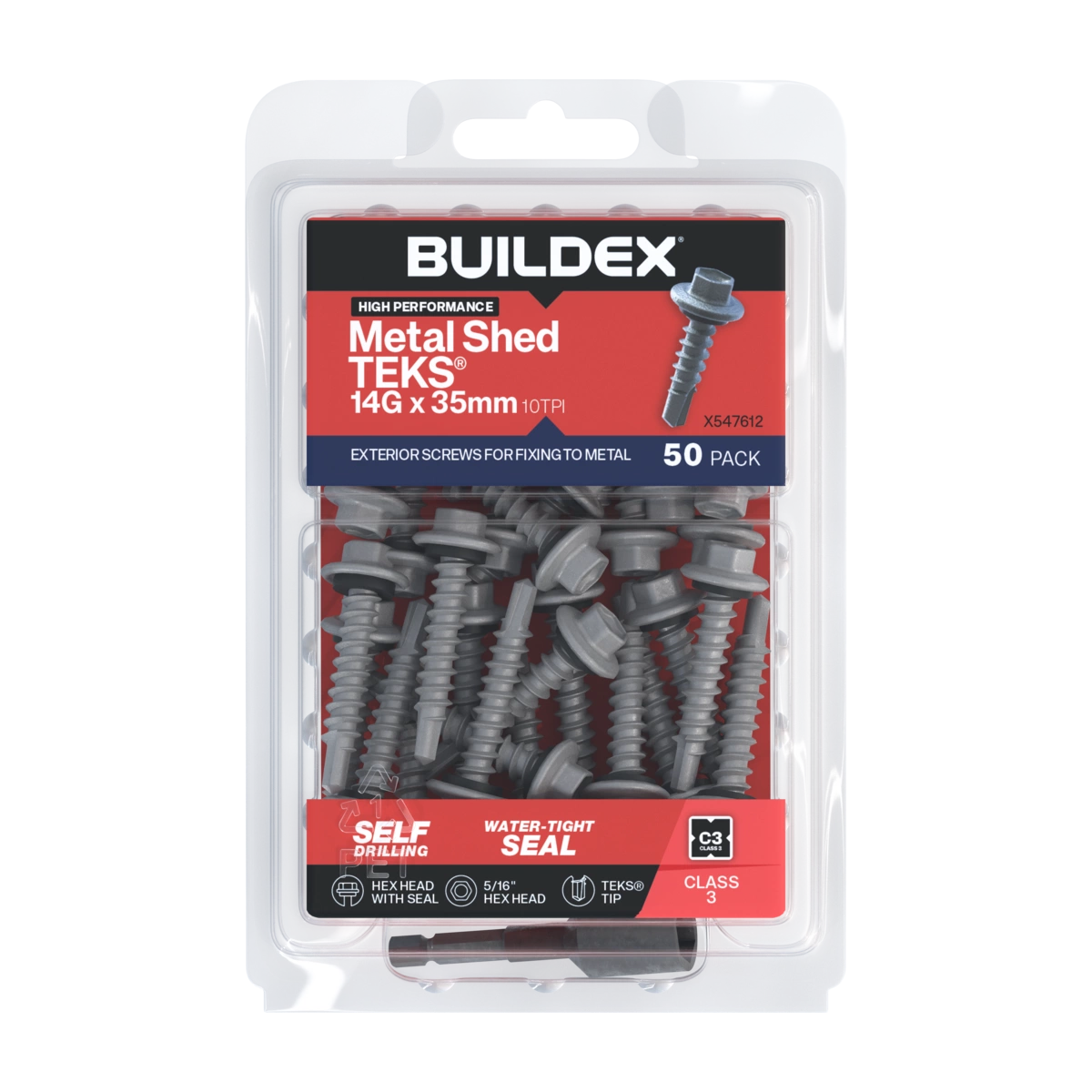 Buildex® 14G x 35mm Class 3 Galvanised Shed TEKS® Screws with Seal – 50 Pack