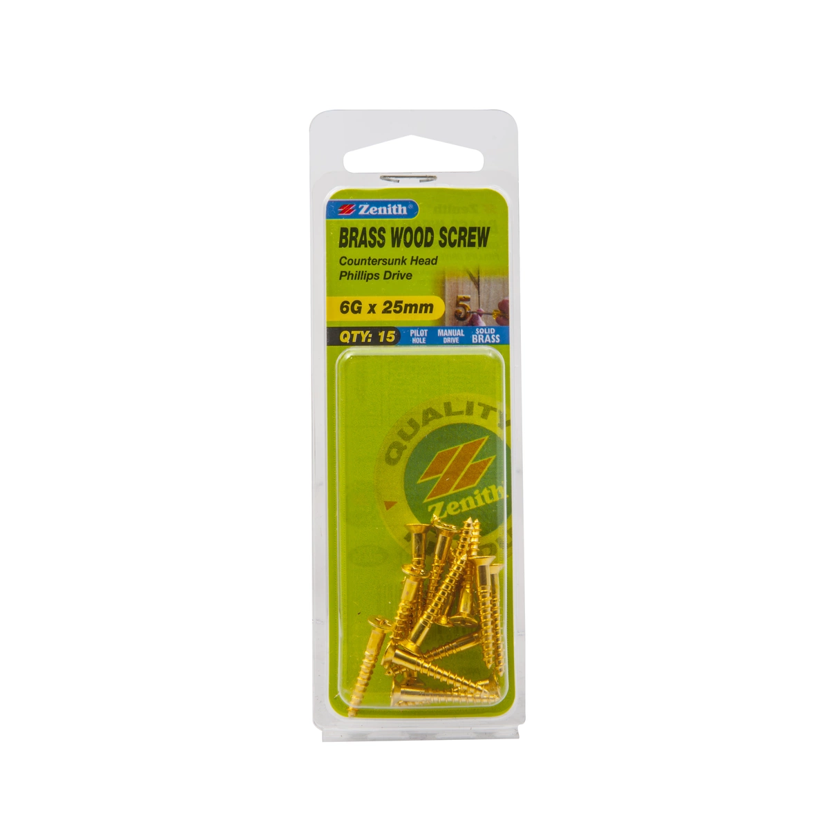 ZENITH® 6G x 25mm Solid Brass Wood Screws – 15 Pack
