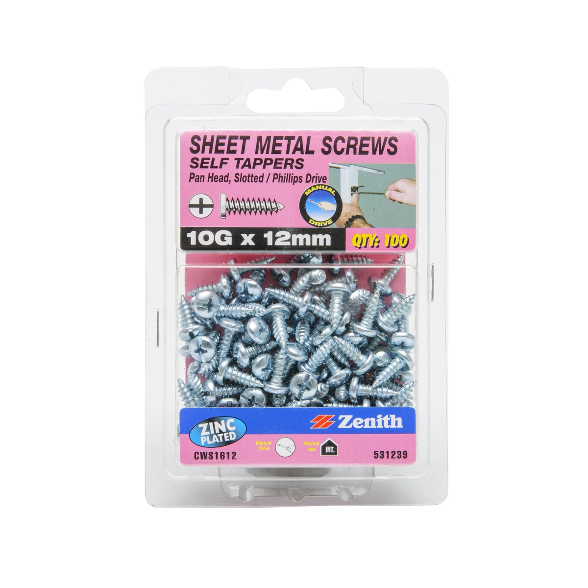 ZENITH® 10G x 12mm Zinc Plated Sheet Metal Screws – 100 Pack