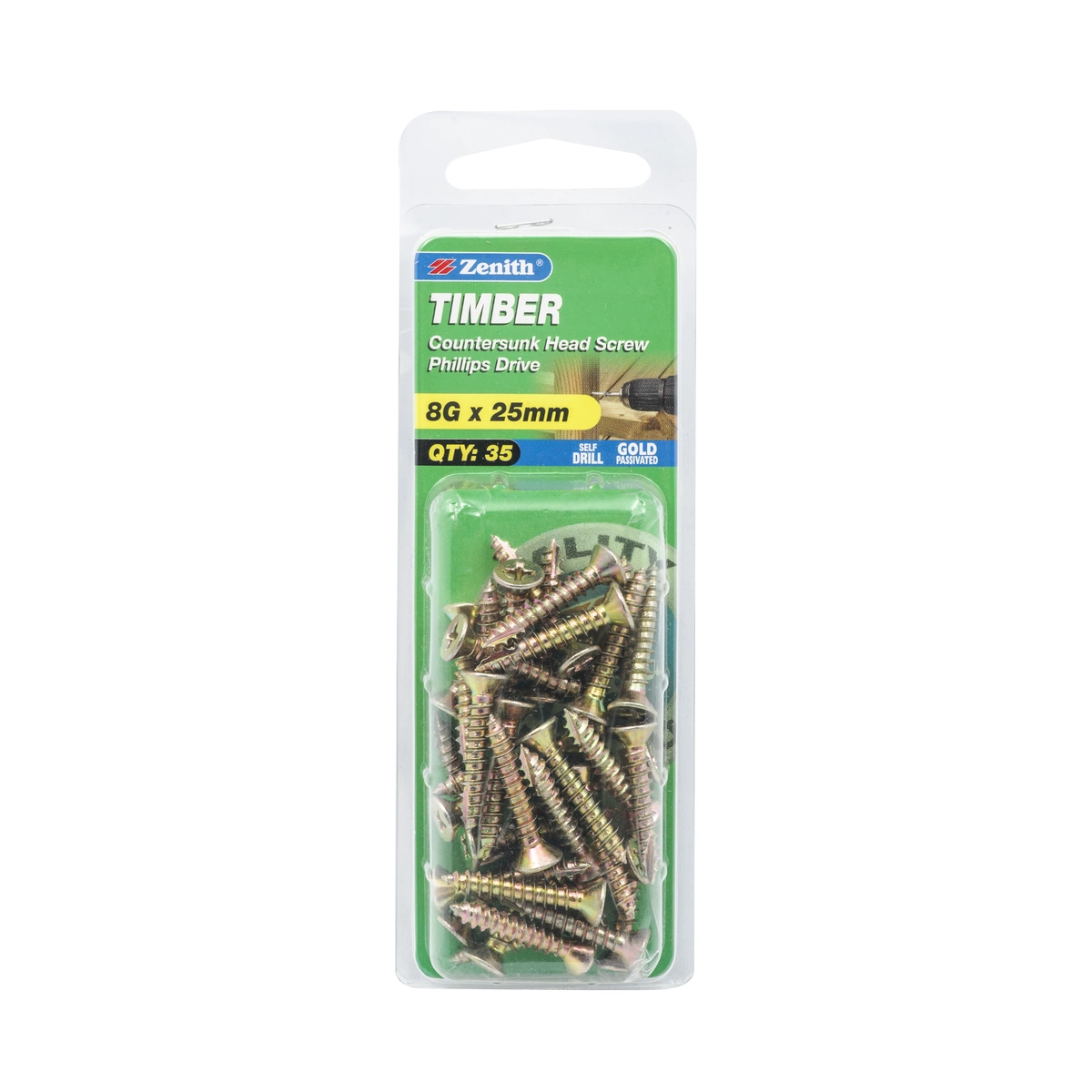 ZENITH® 8G x 25mm Gold Passivated Timber Screws – 35 Pack