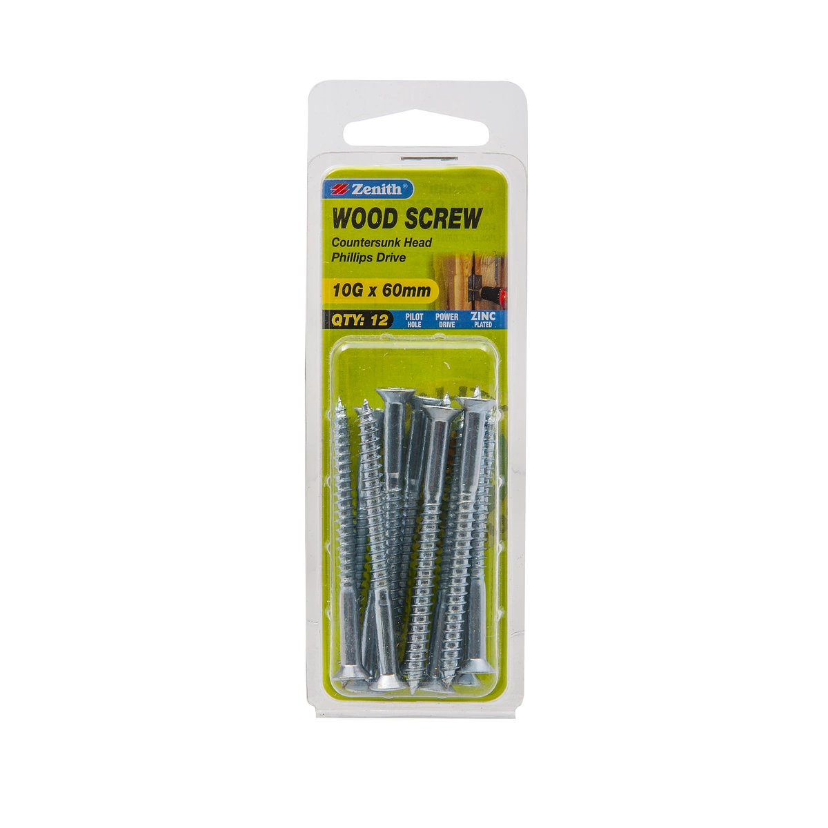 ZENITH® 10G x 60mm Zinc Plated Wood Screws – 12 Pack
