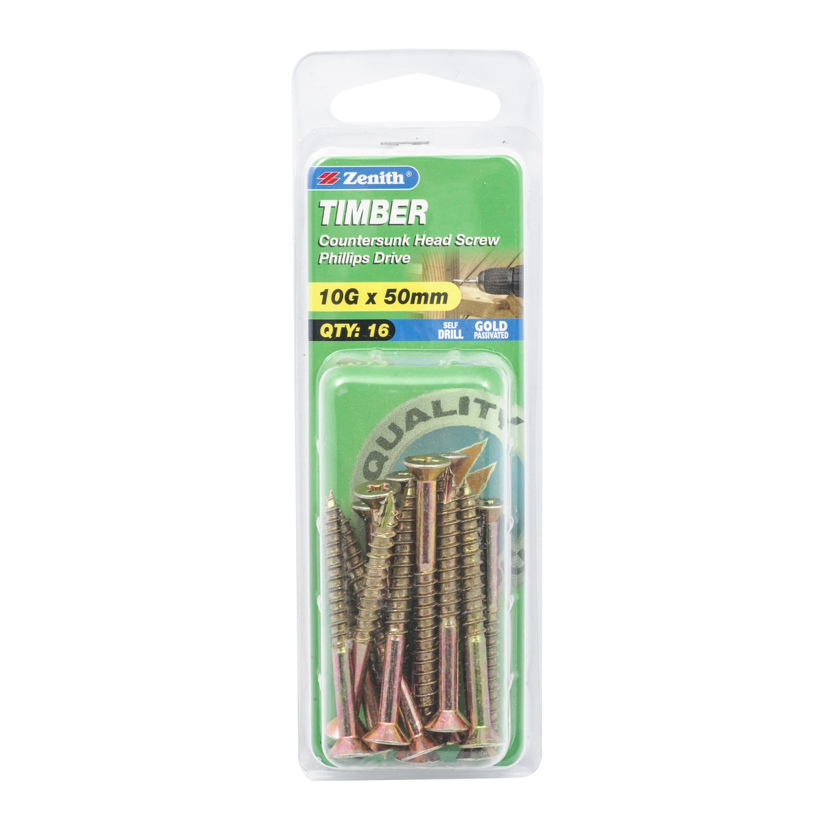 ZENITH® 10G x 50mm Gold Passivated Timber Screws – 16 Pack