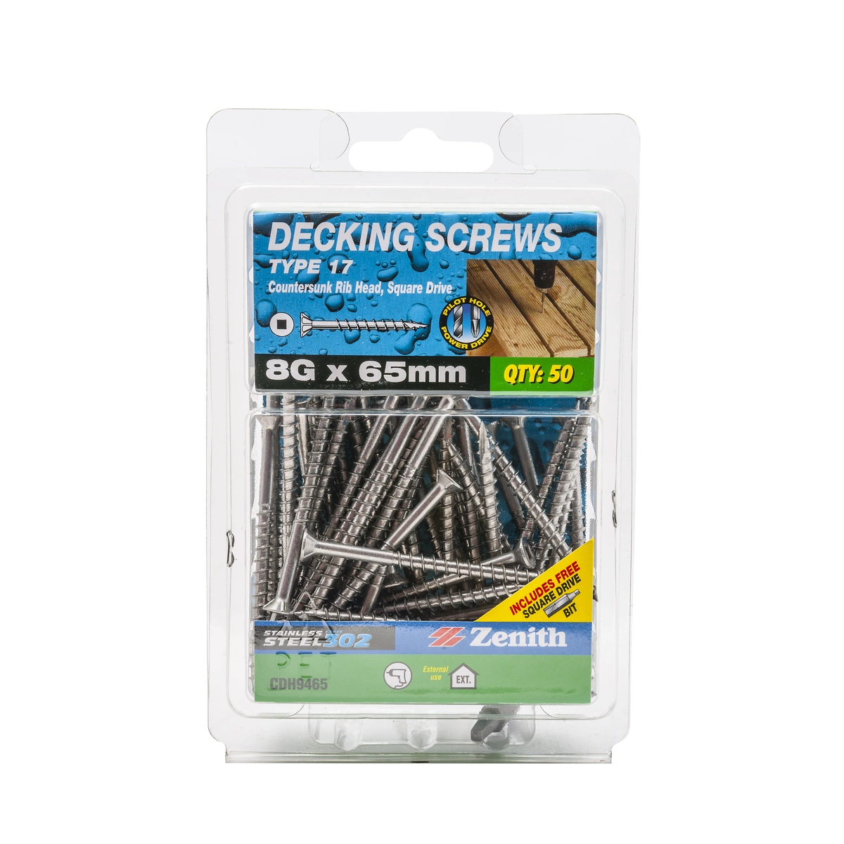 ZENITH® 8G x 65mm 304 Stainless Steel Decking Screws – 50 Pack