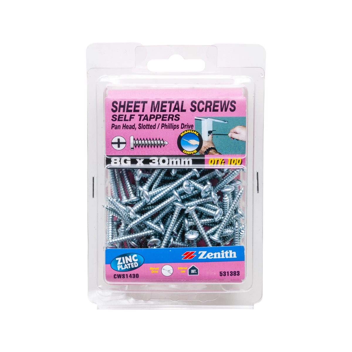 ZENITH® 8G x 30mm Zinc Plated Sheet Metal Screws – 100 Pack