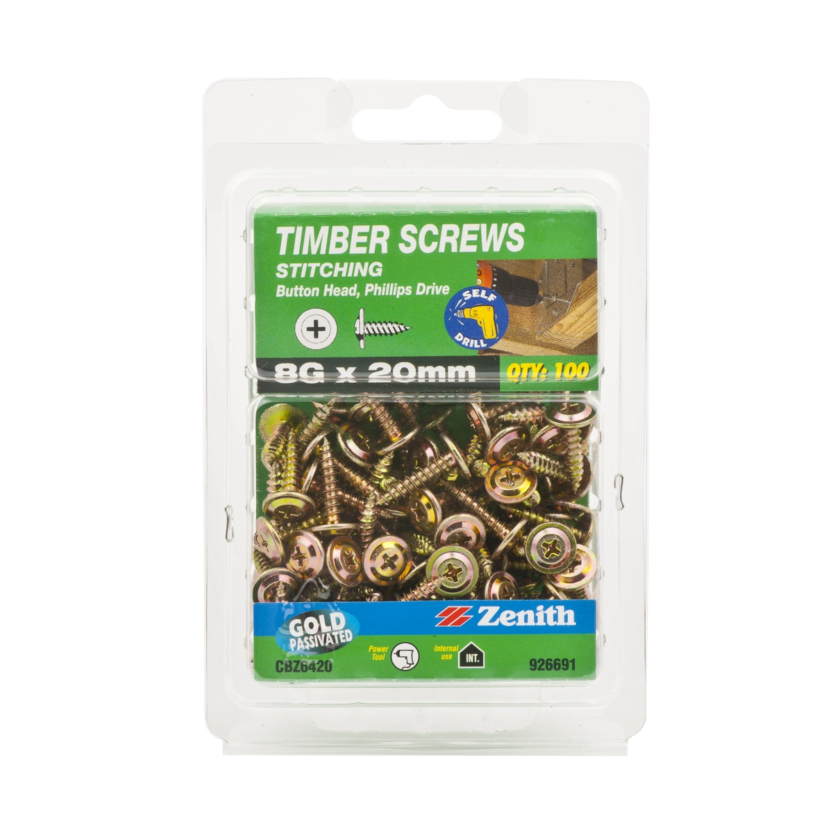 ZENITH® 8G x 20mm Gold Passivated Stitching Screws – 100 Pack