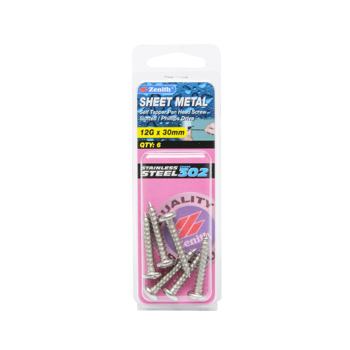 ZENITH® 12G x 30mm 304 Stainless Steel Sheet Metal Screws – 6 Pack