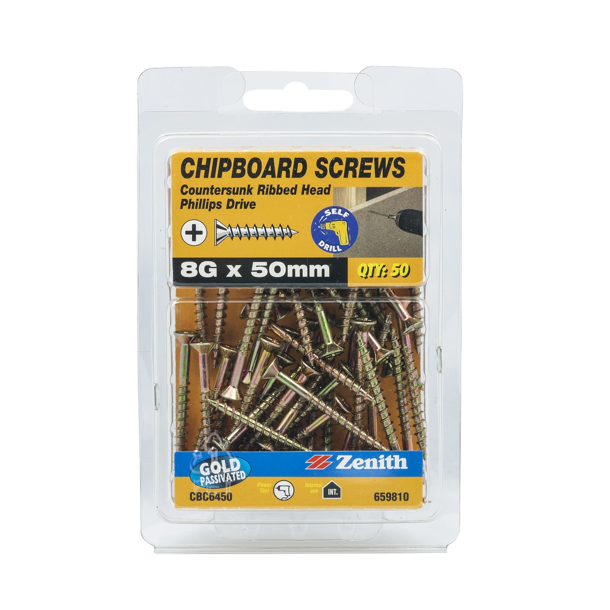 ZENITH® 8G x 50mm Gold Passivated Chipboard Screws (Phillips Drive) – 50 Pack