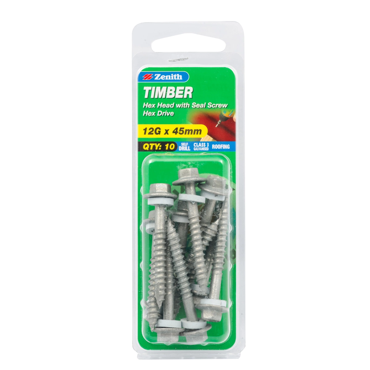 ZENITH® 12G x 45mm Class 3 Galvanised Cladding & Roofing Screws with Seal – 10 Pack