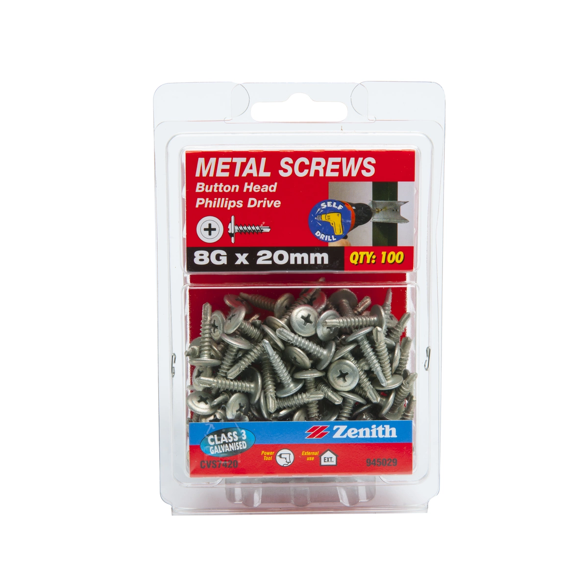 ZENITH® 8G x 20mm Class 3 Galvanised Metal Screws (Button Head) – 100 Pack
