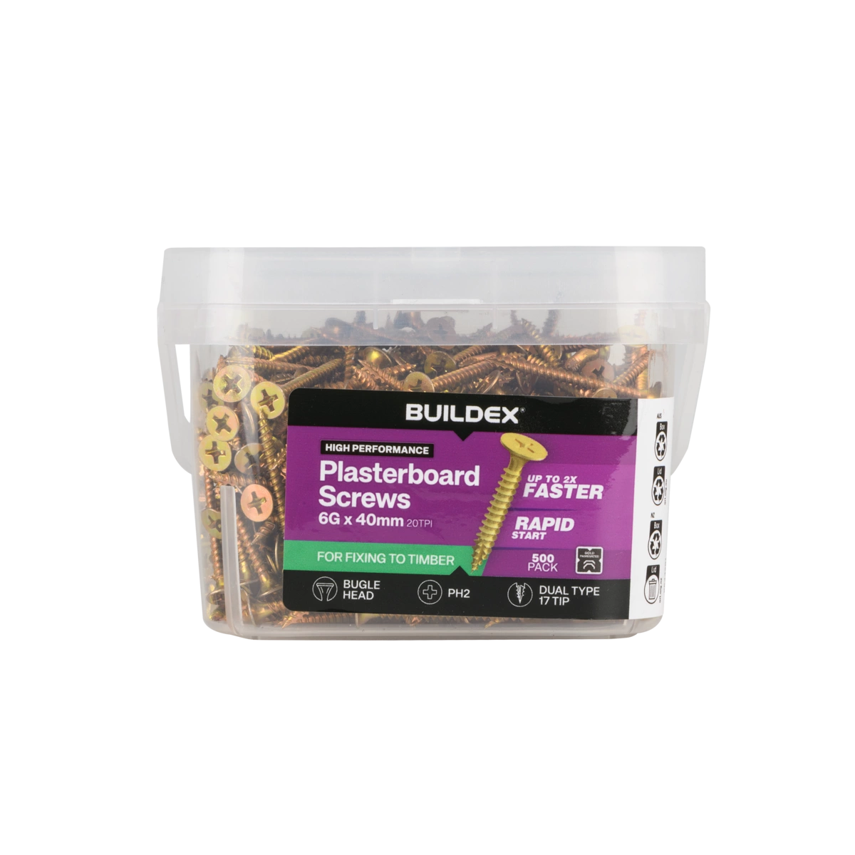 Buildex® 6G x 40mm Gold Passivated Plasterboard Screws – 500 Pack