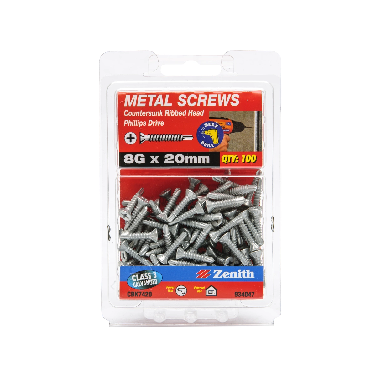 ZENITH® 8G x 20mm Class 3 Galvanised Metal Screws (Countersunk Ribbed Head) – 100 Pack