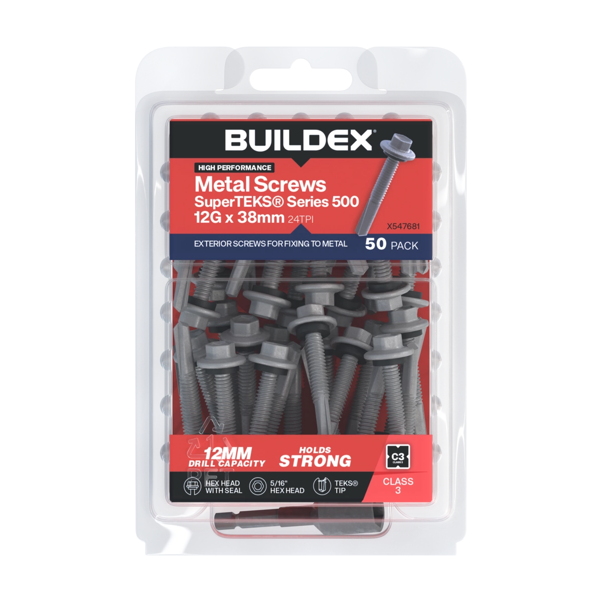 Buildex® 12G x 38mm Class 3 Galvanised SuperTEKS® Series 500 Screws with Seal – 50 Pack