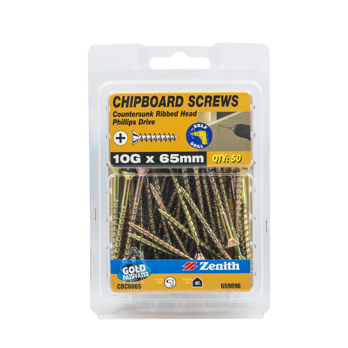 ZENITH® 10G x 65mm Gold Passivated Chipboard Screws (Phillips Drive) – 50 Pack