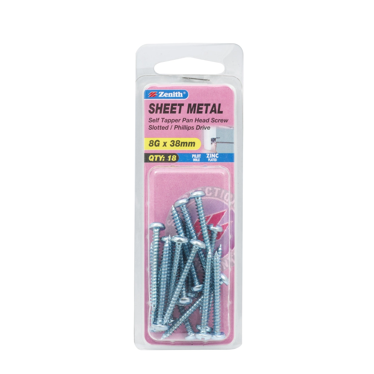 ZENITH® 8G x 38mm Zinc Plated Sheet Metal Screws – 18 Pack
