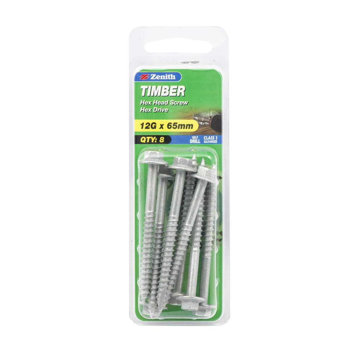 ZENITH® 12G x 65mm Class 3 Galvanised Timber Screws – 8 Pack