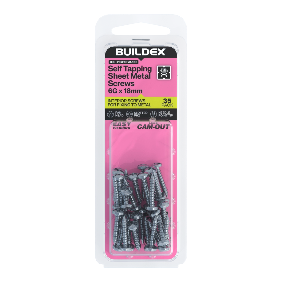 Buildex® 6G x 18mm Zinc Plated Self Tapping Sheet Metal Screws – 35 Pack