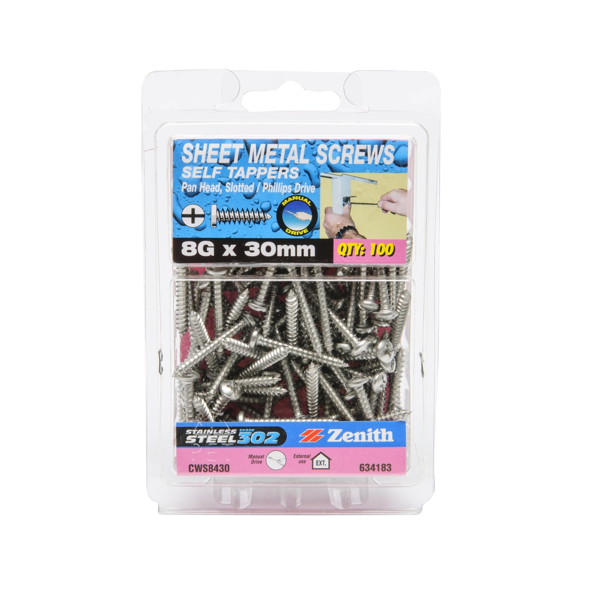 ZENITH® 8G x 30mm 304 Stainless Steel Sheet Metal Screws – 100 Pack