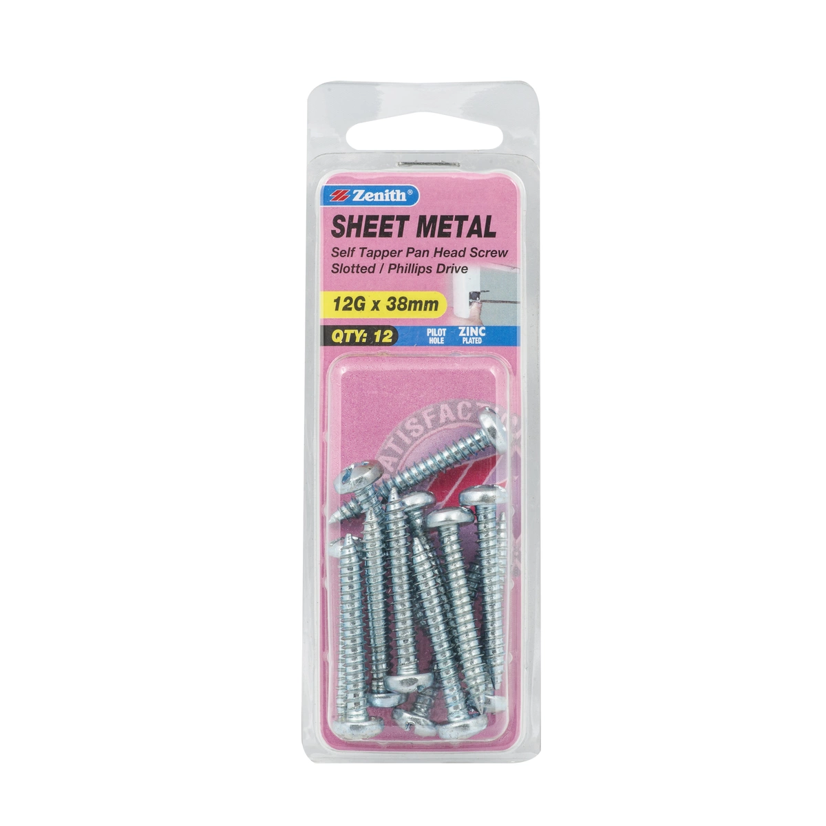ZENITH® 12G x 38mm Zinc Plated Sheet Metal Screws – 12 Pack