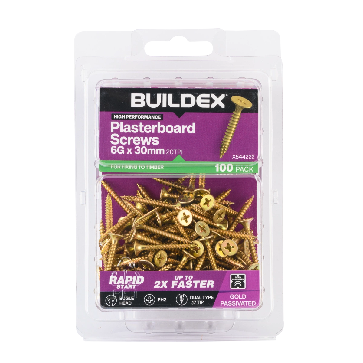Buildex® 6G x 30mm Gold Passivated Plasterboard Screws (Dual Type-17 Tip) – 100 Pack