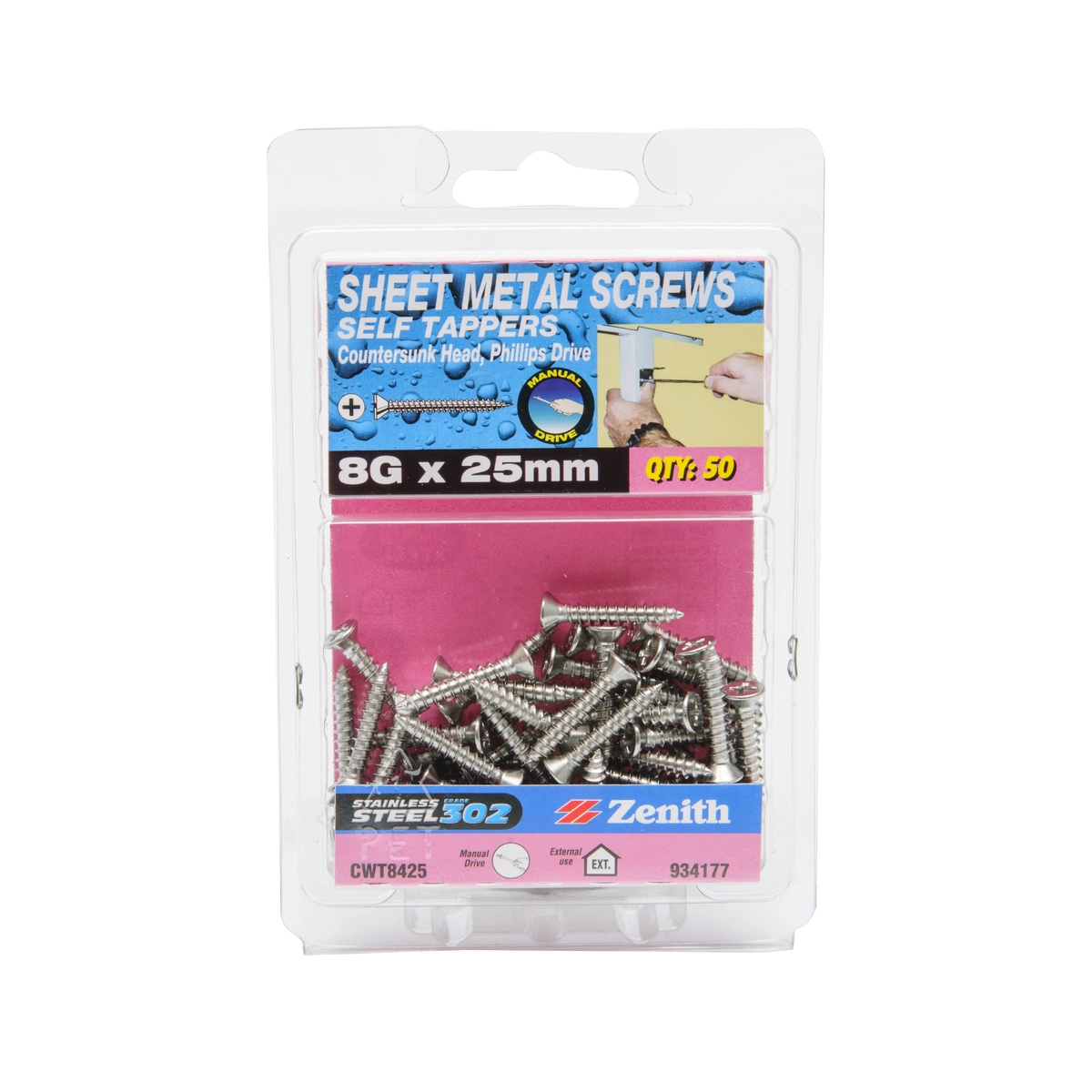 ZENITH® 8G x 25mm 304 Stainless Steel Sheet Metal Screws – 50 Pack
