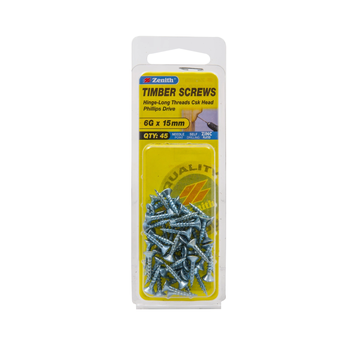 ZENITH® 6G x 16mm Zinc Plated Timber Screws – 45 Pack