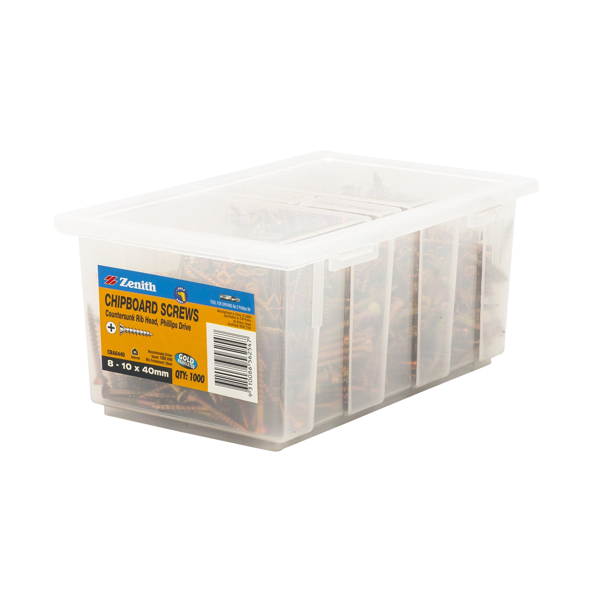 ZENITH® 8G x 40mm Gold Passivated Chipboard Screws – 1000 Pack