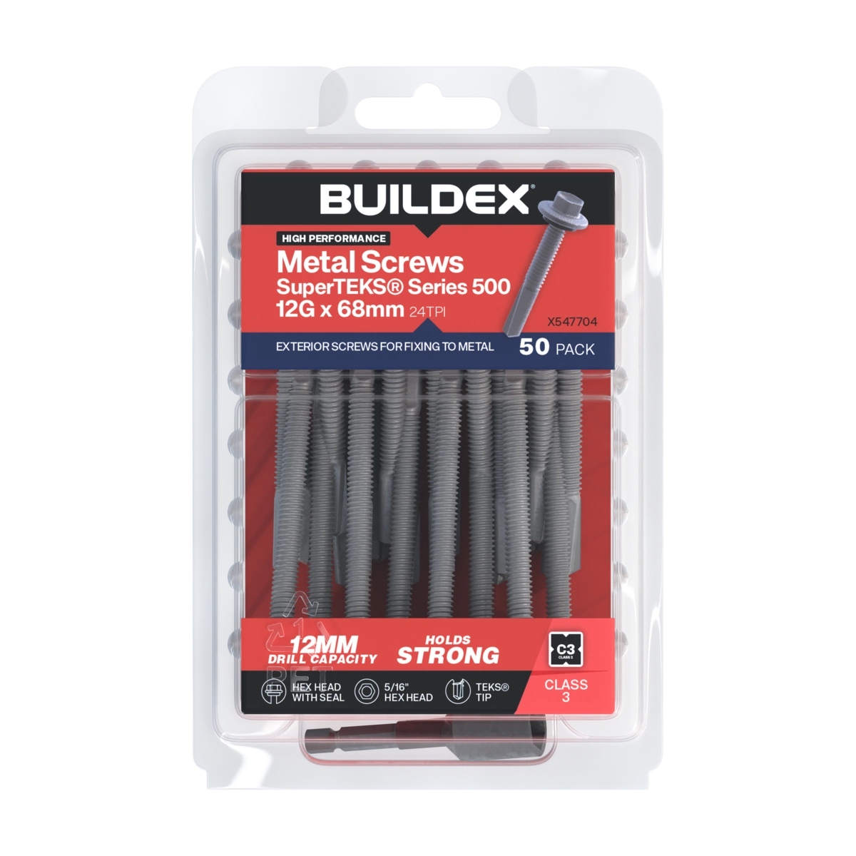 Buildex® 12G x 68mm Class 3 Galvanised SuperTEKS® Series 500 Screws with Seal – 50 Pack