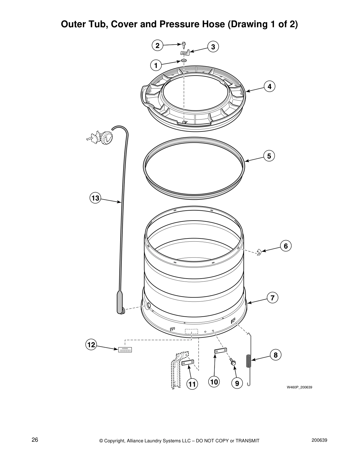 Outer Tub, Cover and Pressure Hose (Drawing 1 of 2)