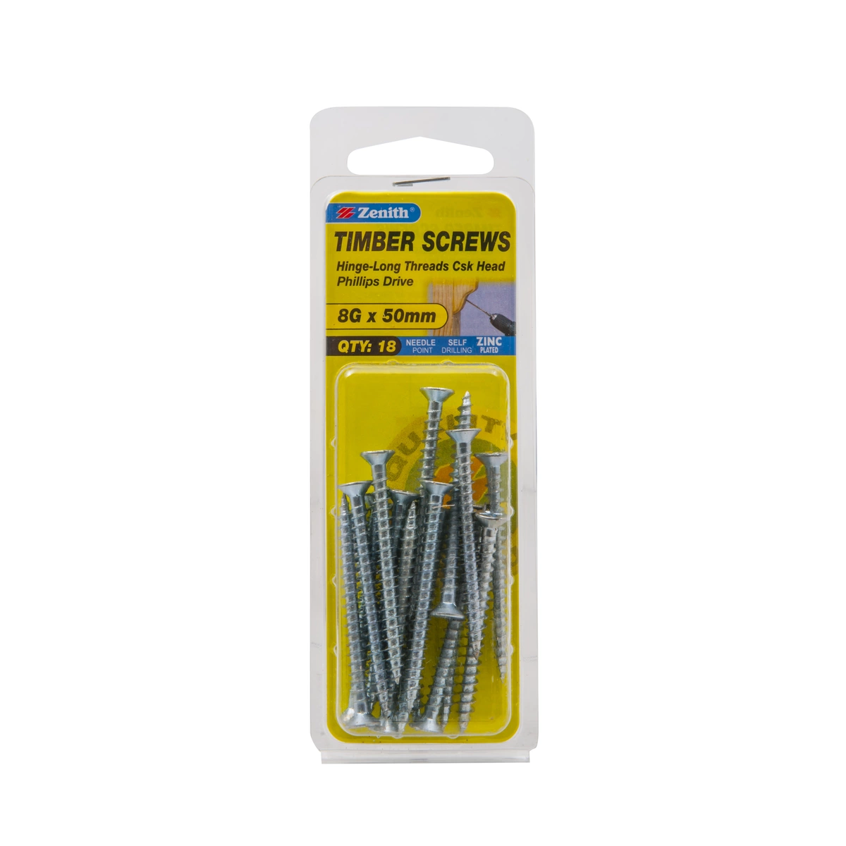 ZENITH® 8G x 50mm Zinc Plated Timber Screws – 18 Pack